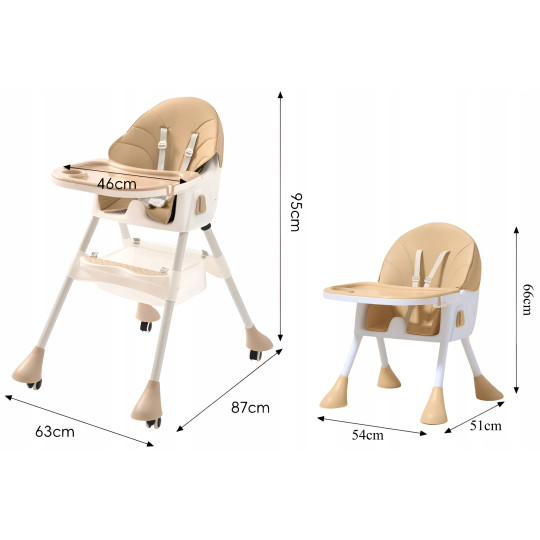 Scaun de masă pentru copii pliabil 4 în 1 cu tavă, bej