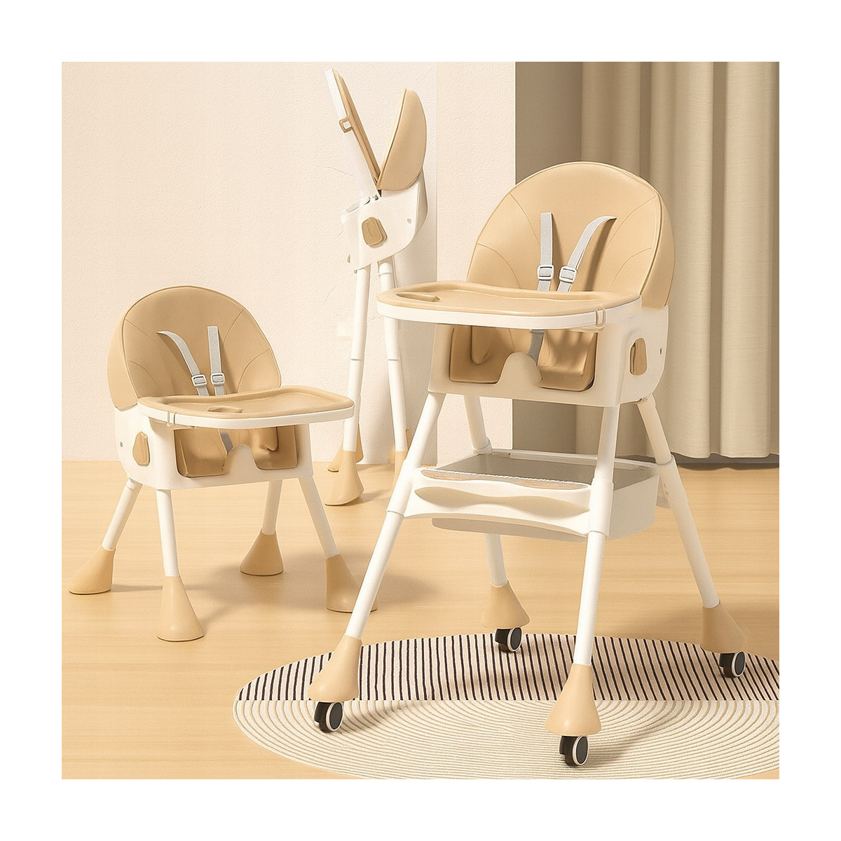 Scaun de masă pentru copii pliabil 4 în 1 cu tavă, bej