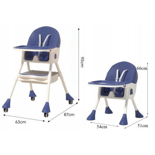 Stolica pentru copii pliabilă pentru hrănire 4 în 1 de culoare albastră