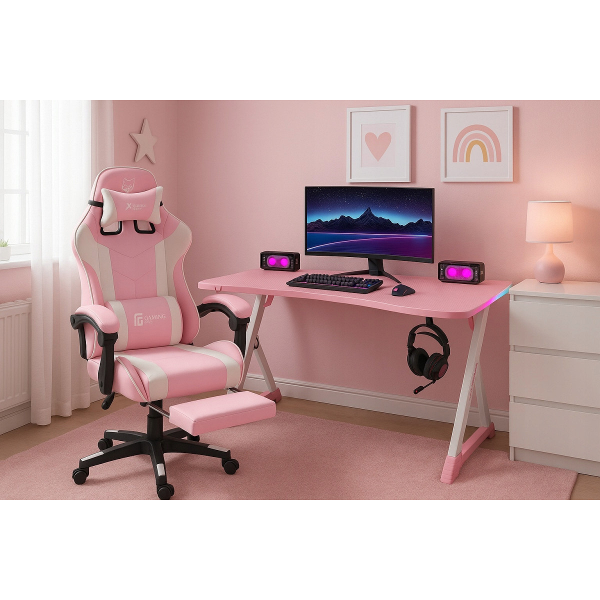 Scaun de gaming pentru fete, de culoare roz