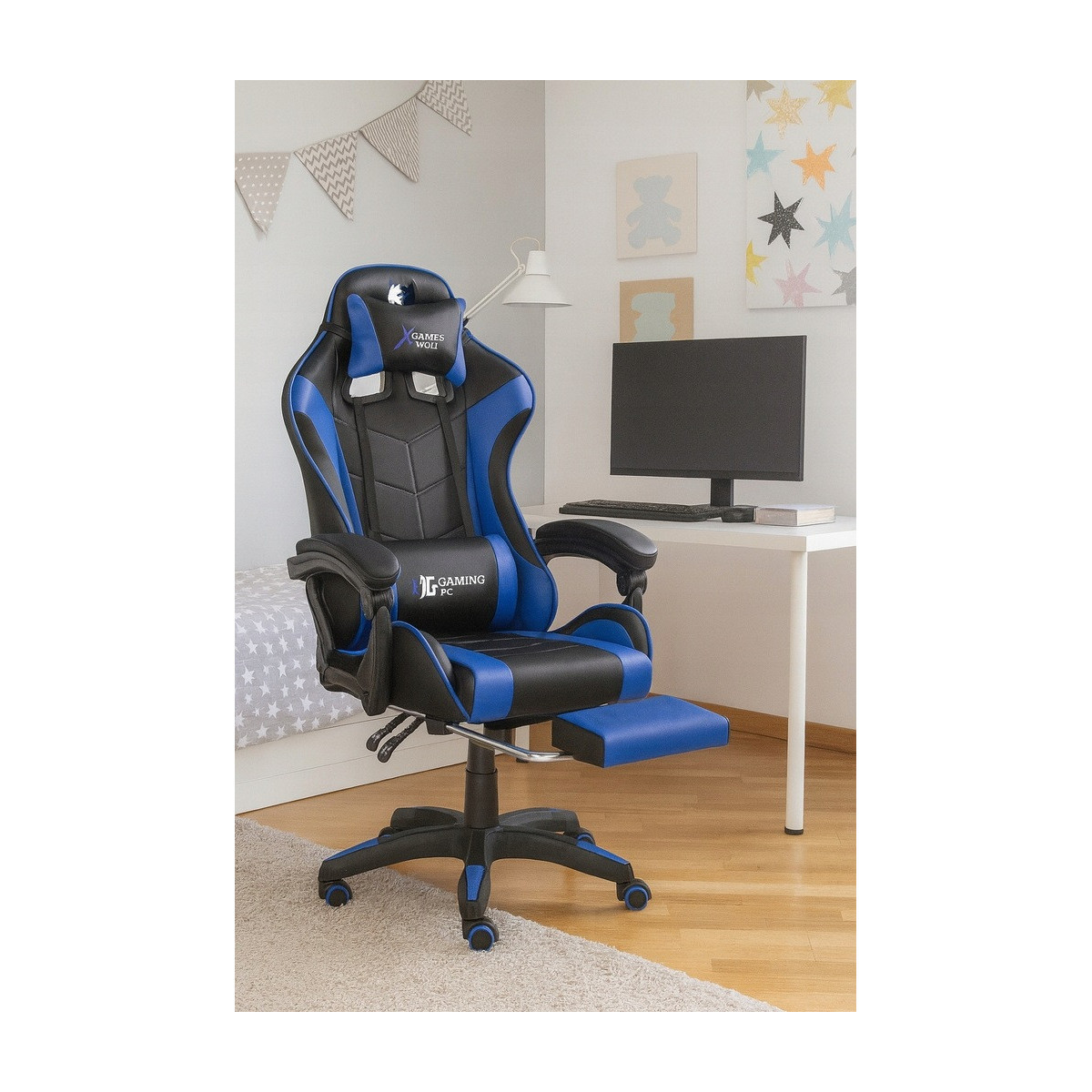 Scaun de gaming pentru PC de culoare albastră