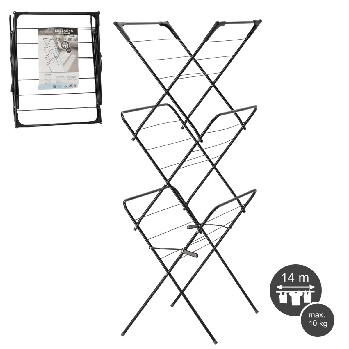 Suport pentru rufe negru 62 x 51 înălțime 136,5 CM