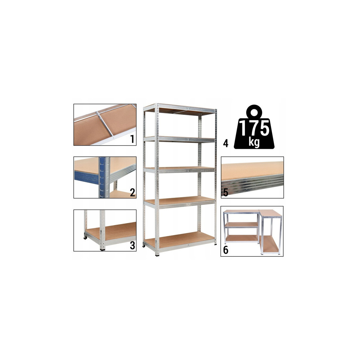 Regal metalic zincat 180×90×40 cm, 5 poli, Capacitate de încărcare 875 kg, Fără șuruburi