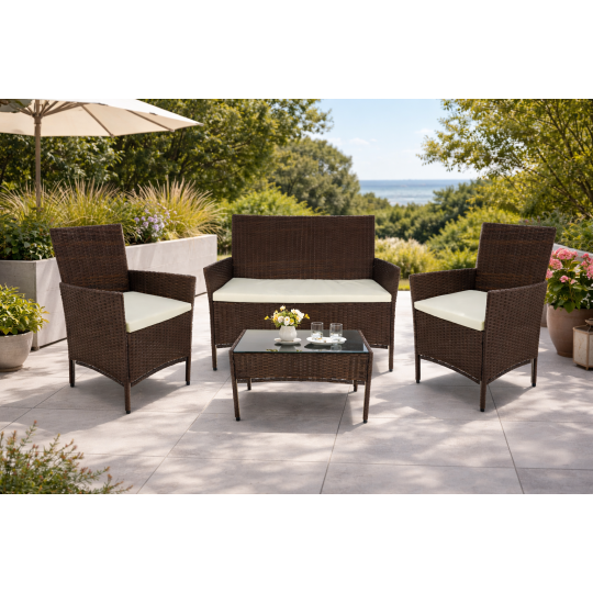 Set de mobilier din ratan maro pentru terasă la un preț super.