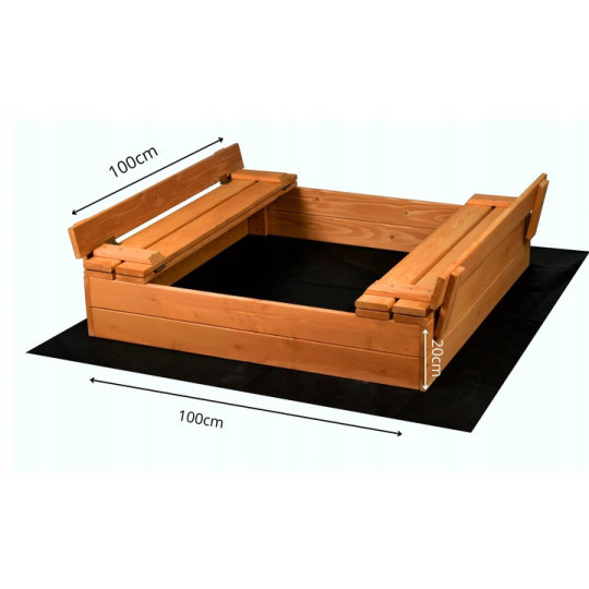 Nisipar din lemn pentru copii 100x100 cm cu băncuțe