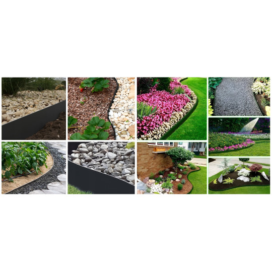 Borduri de gazon pentru grădină 5 cm x 10 m în culoarea neagră + 20 de suporturi în ambalaj.