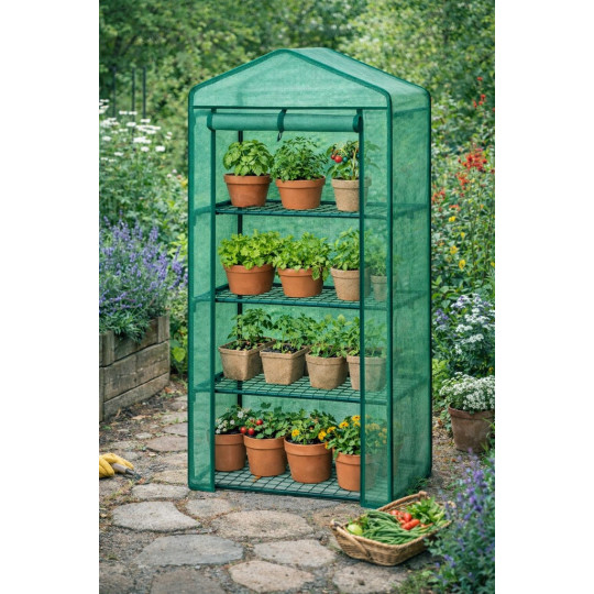 Mini grădina de răsaduri cu rafturi