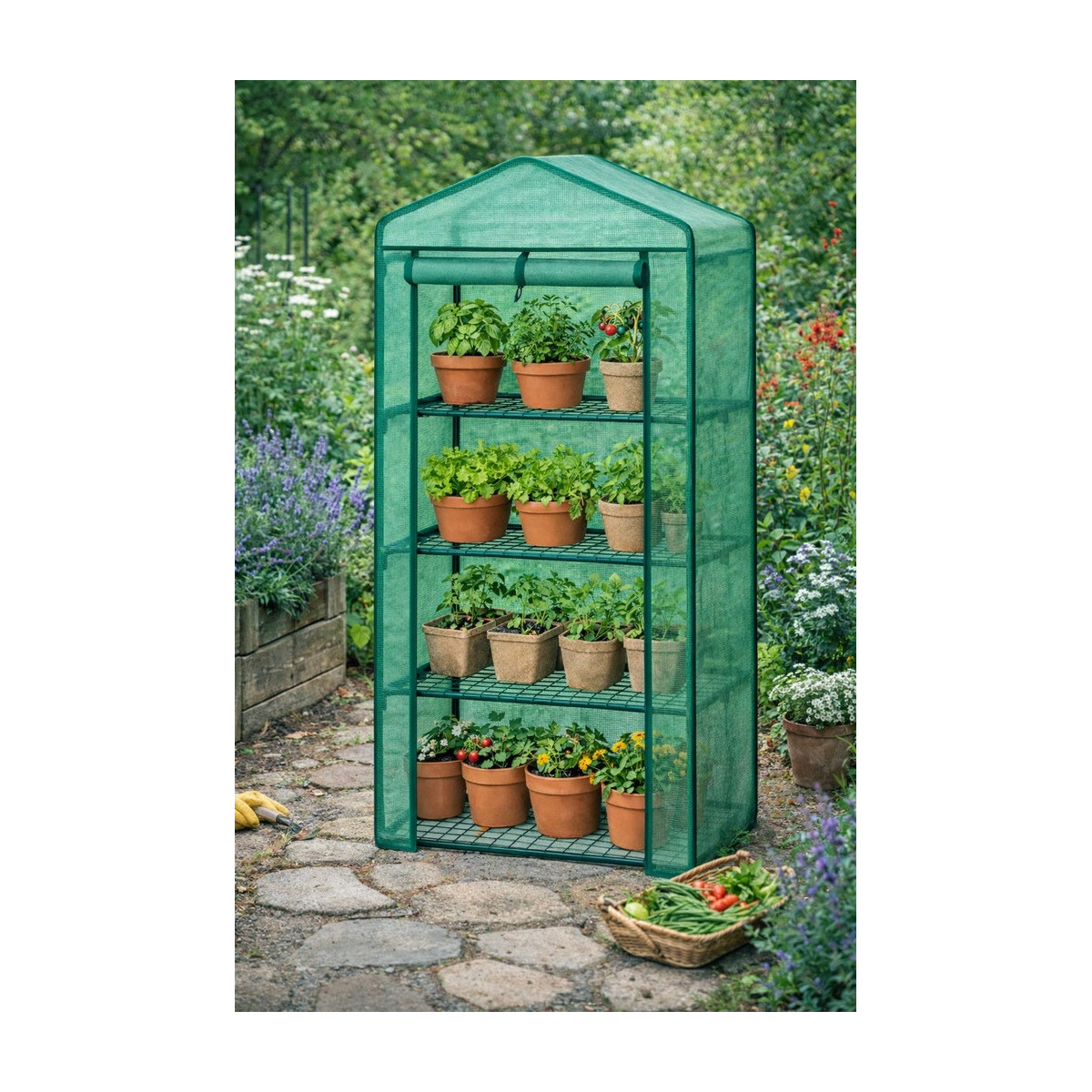 Mini grădina de răsaduri cu rafturi