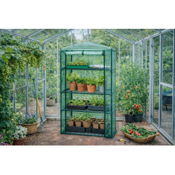 Mini grădina de răsaduri cu rafturi