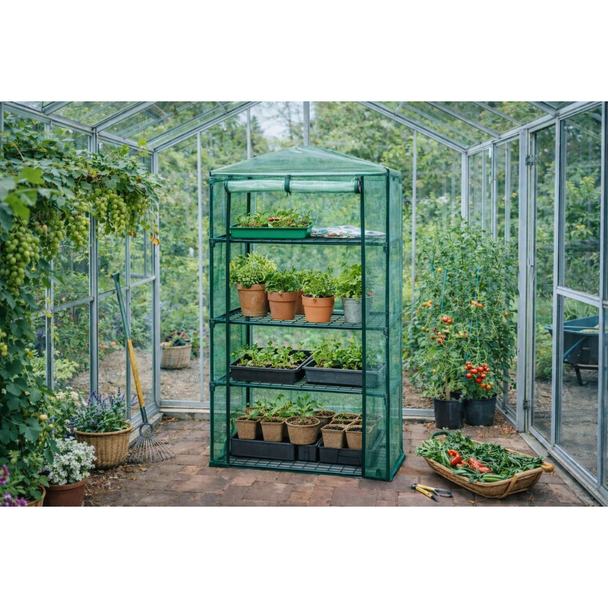 Mini grădina de răsaduri cu rafturi