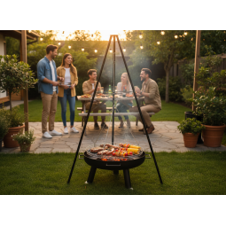 Závor de grătar suspendat pe trei picioare de 60 cm – grătar reglabil, înălțime 150 cm