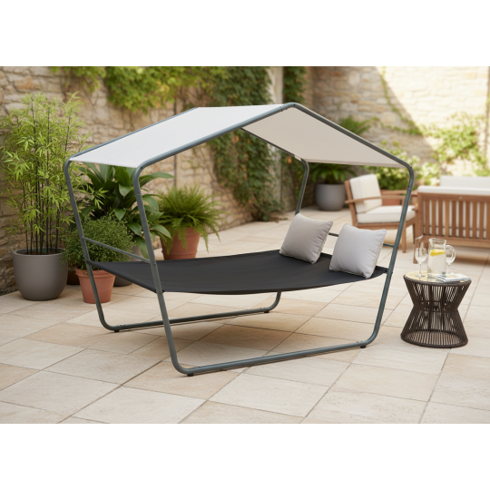 Dublu șezlong de grădină cu copertină 233 × 136 × 191 cm – Textilene, capacitate de încărcare 260 kg