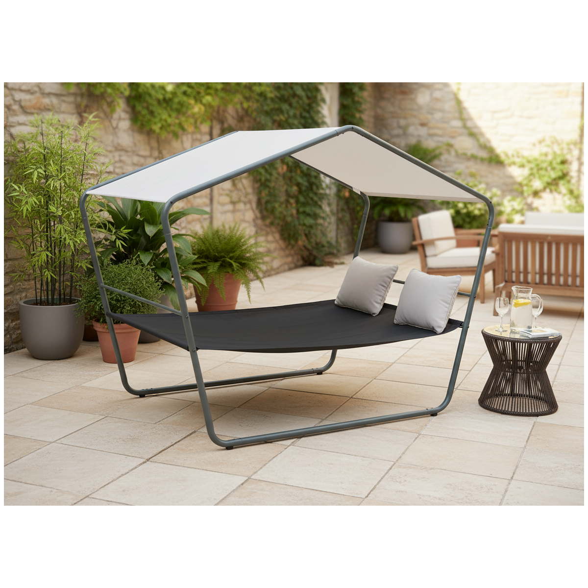Dublu șezlong de grădină cu copertină 233 × 136 × 191 cm – Textilene, capacitate de încărcare 260 kg