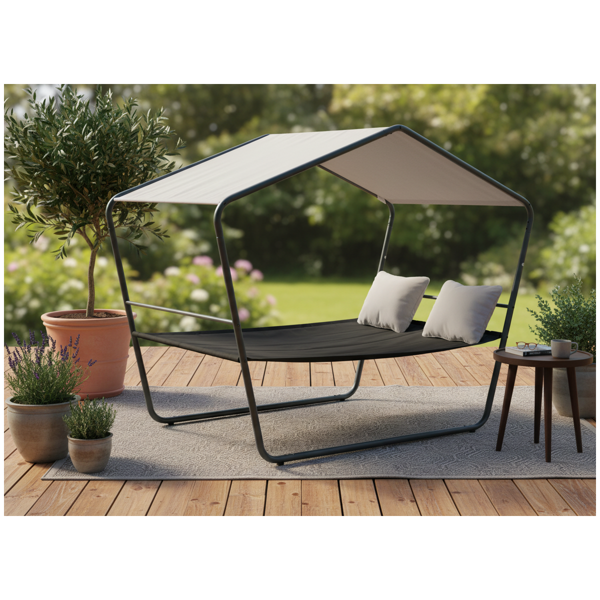 Dublu șezlong de grădină cu copertină 233 × 136 × 191 cm – Textilene, capacitate de încărcare 260 kg