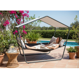 Dublu șezlong de grădină cu copertină 233 × 136 × 191 cm – Textilene, capacitate de încărcare 260 kg