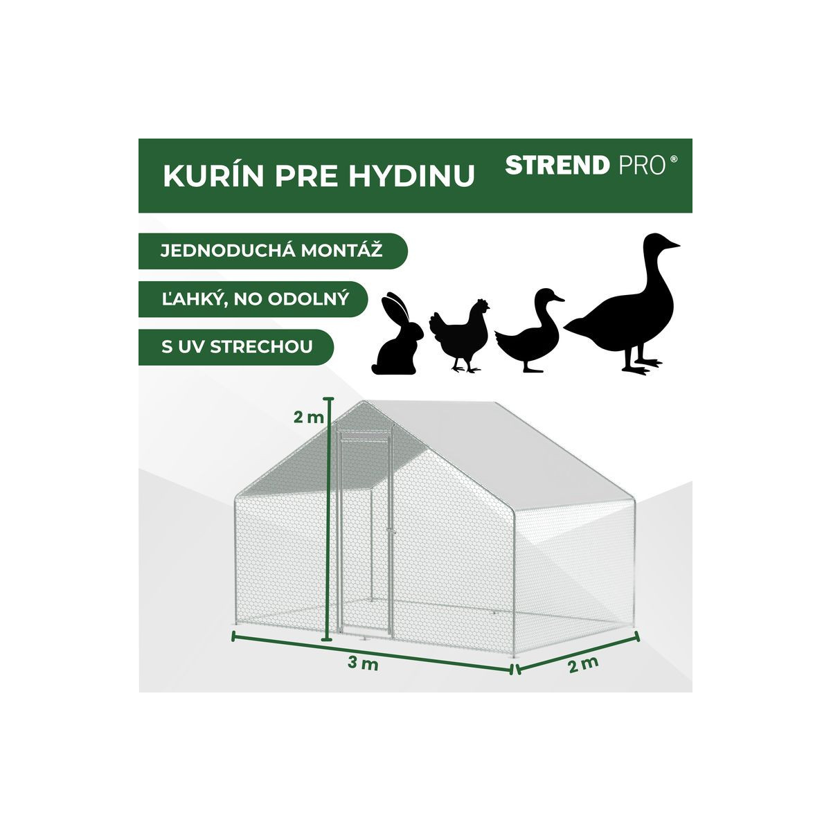 Curte pentru păsări, volieră, cușcă, coteț, cu acoperiș, 3x2x2 m