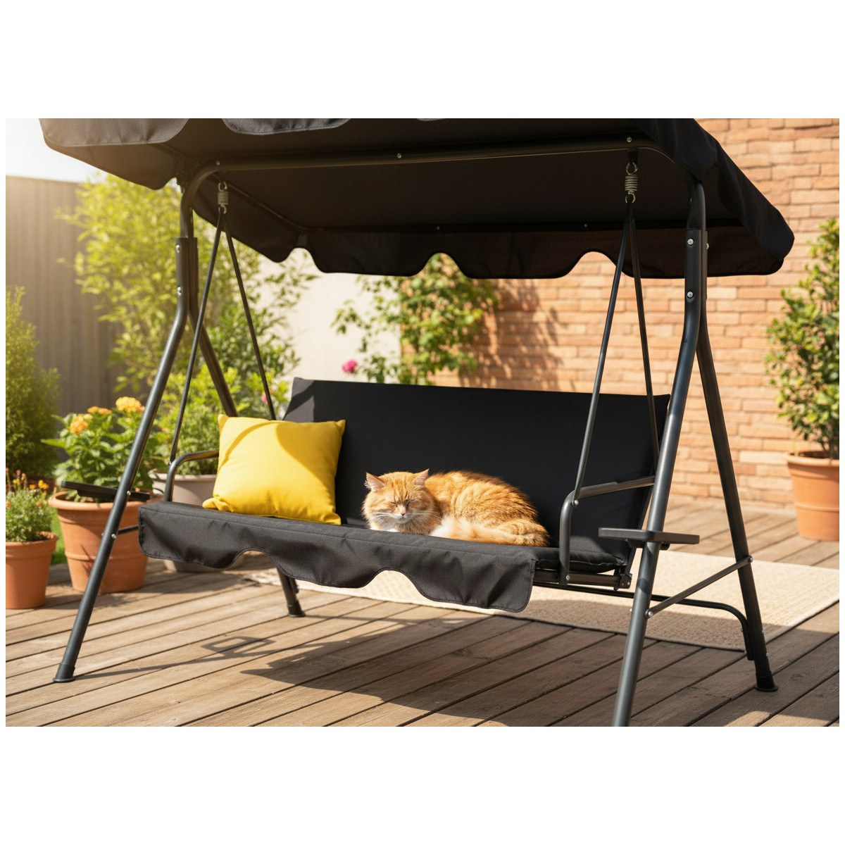 Hamac de grădină de calitate, de culoare neagră, cu perne galbene