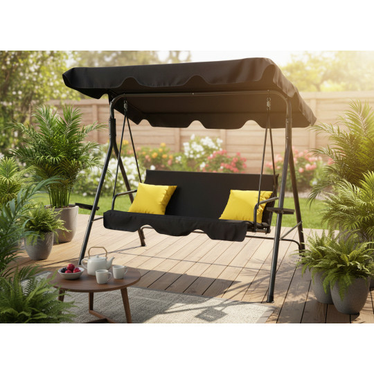 Hamac de grădină de calitate, de culoare neagră, cu perne galbene