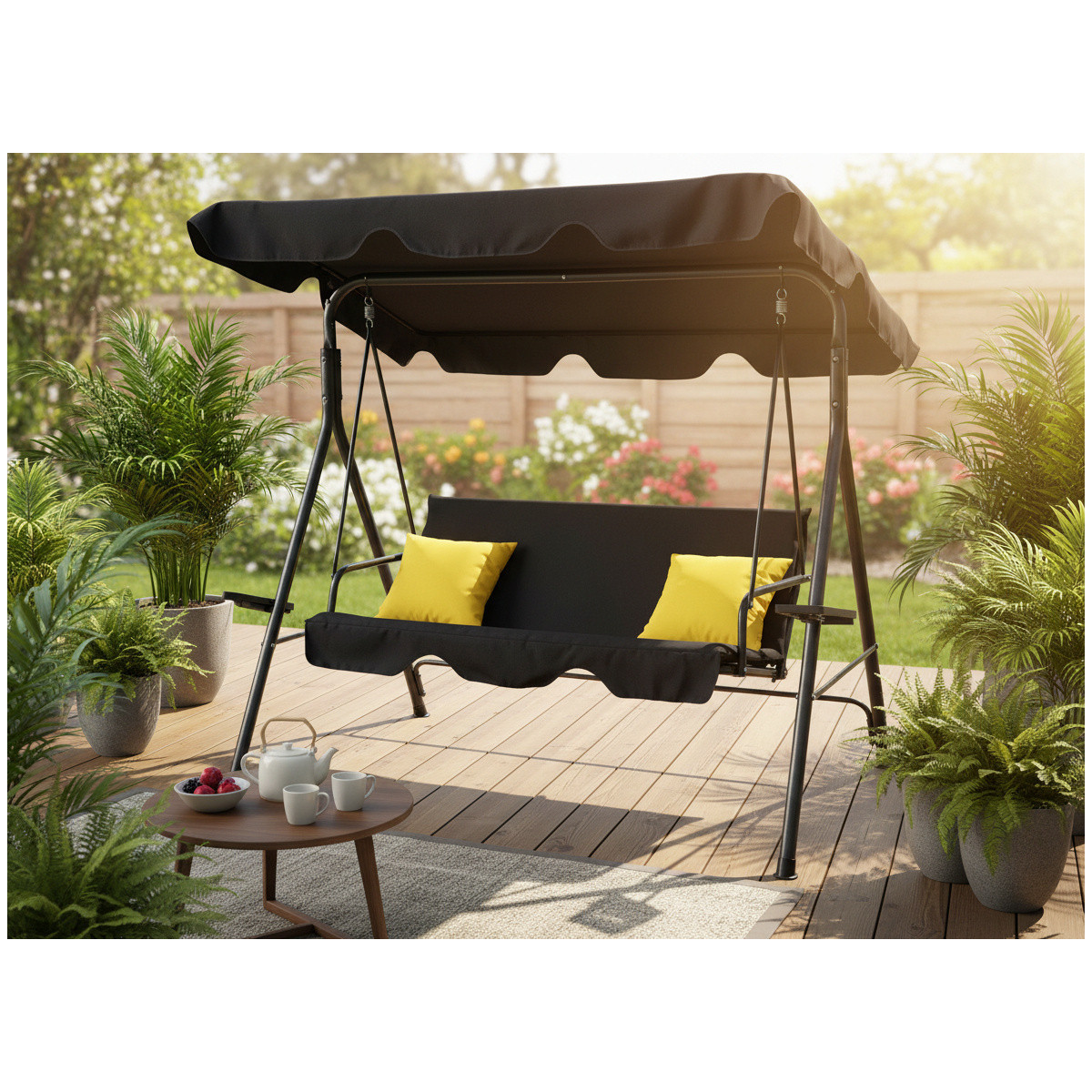 Hamac de grădină de calitate, de culoare neagră, cu perne galbene