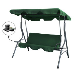 Leagăn de grădină de culoare verde, cu suport pentru băuturi.