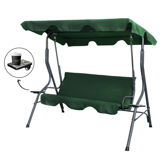 Leagăn de grădină de culoare verde, cu suport pentru băuturi.