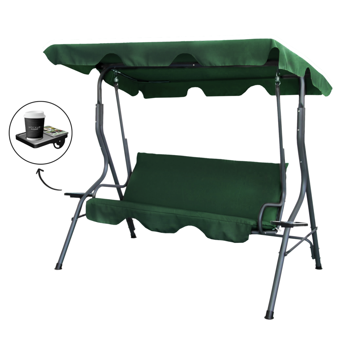 Leagăn de grădină de culoare verde, cu suport pentru băuturi.