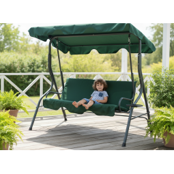 Leagăn de grădină de culoare verde, cu suport pentru băuturi.