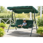 Leagăn de grădină de culoare verde, cu suport pentru băuturi.
