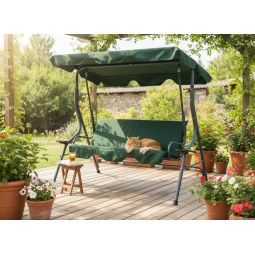 Leagăn de grădină de culoare verde, cu suport pentru băuturi.