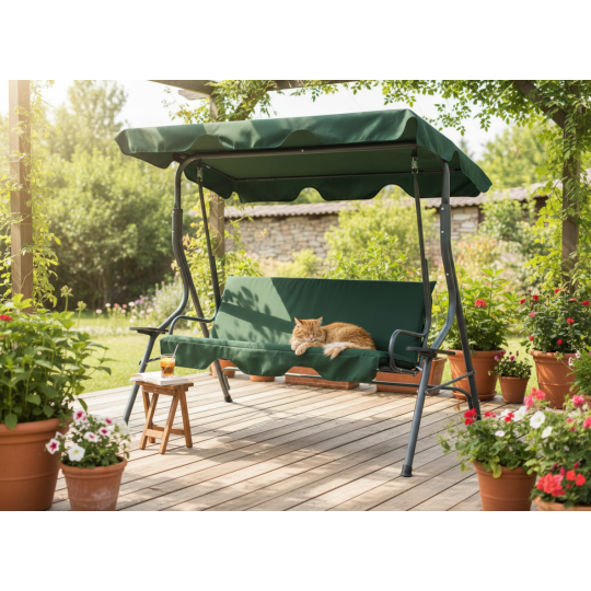 Leagăn de grădină de culoare verde, cu suport pentru băuturi.