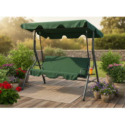 Leagăn de grădină de culoare verde, cu suport pentru băuturi.