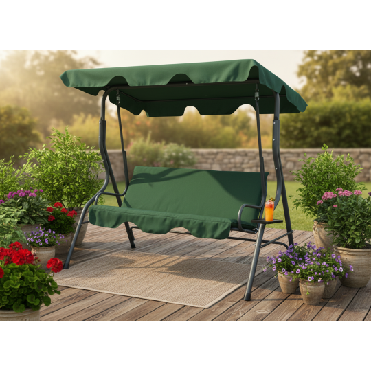 Leagăn de grădină de culoare verde, cu suport pentru băuturi.