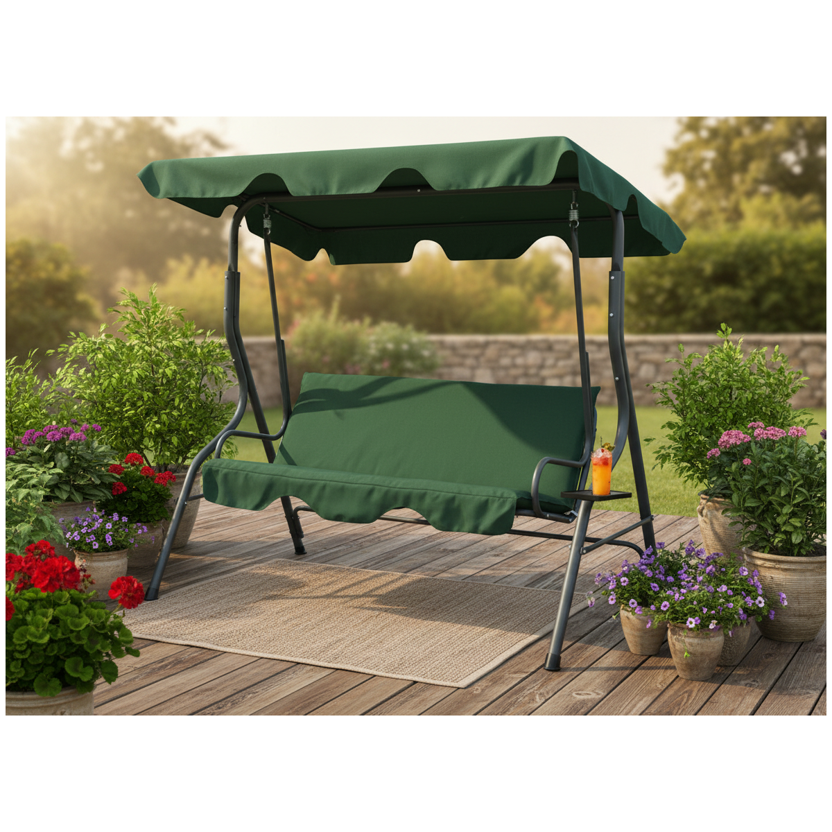 Leagăn de grădină de culoare verde, cu suport pentru băuturi.
