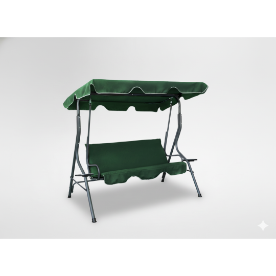 Leagăn de grădină de culoare verde, cu suport pentru băuturi.