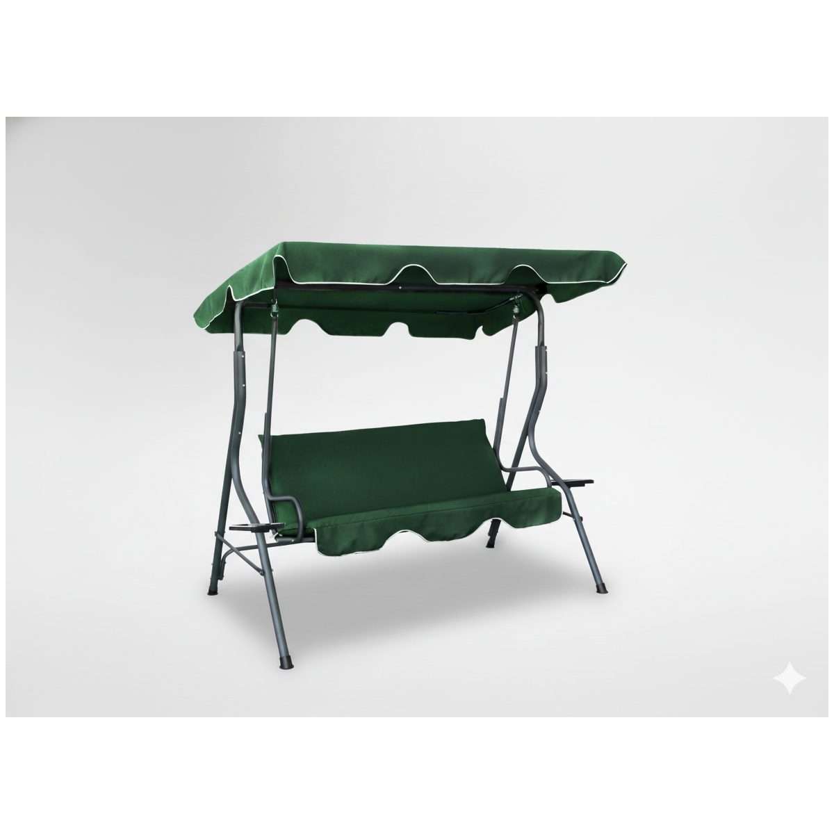 Leagăn de grădină de culoare verde, cu suport pentru băuturi.