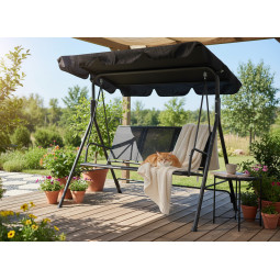 Leagăn de grădină Textilene de culoare neagră pentru 3 persoane.