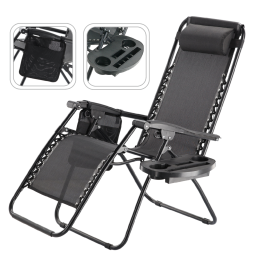 Șezlong de grădină confortabil cu suport pentru băuturi și buzunar.