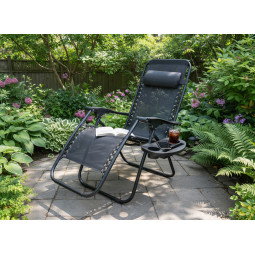 Șezlong de grădină confortabil cu suport pentru băuturi și buzunar.