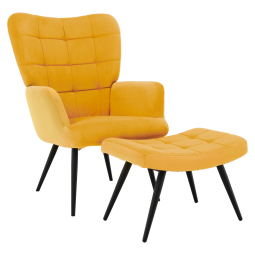 Modernul fotoliu tip uși în culoare galbenă cu suport pentru picioare.