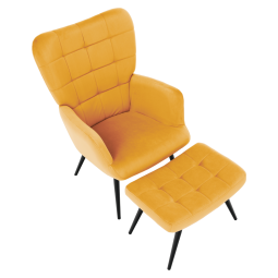 Modernul fotoliu tip uși în culoare galbenă cu suport pentru picioare.