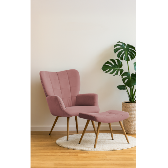 Kurs z catifea cu urechi, de culoare roz, cu taburet.