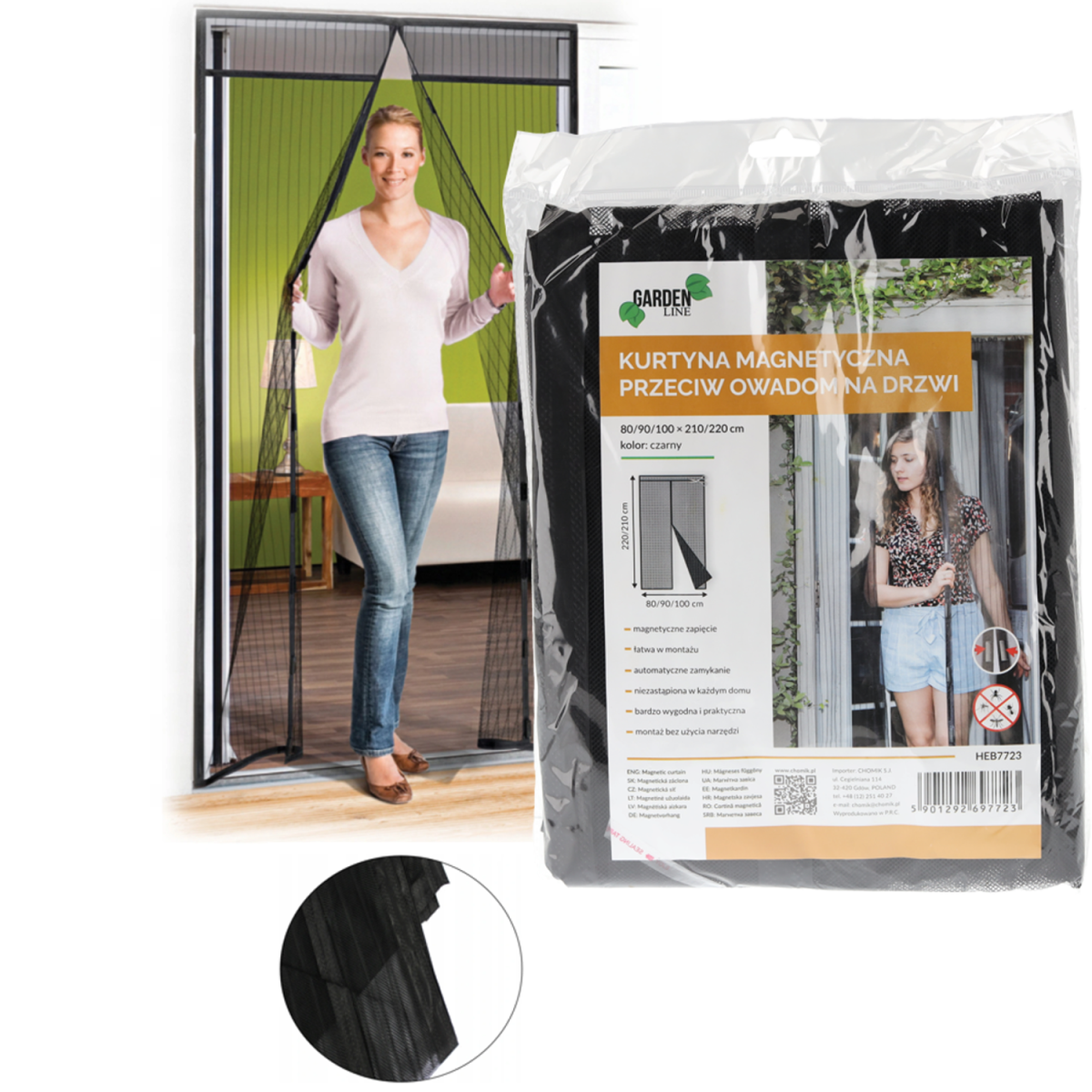 Rețea magnetică împotriva insectelor pentru uși 80/90/100 × 210/220 cm neagră