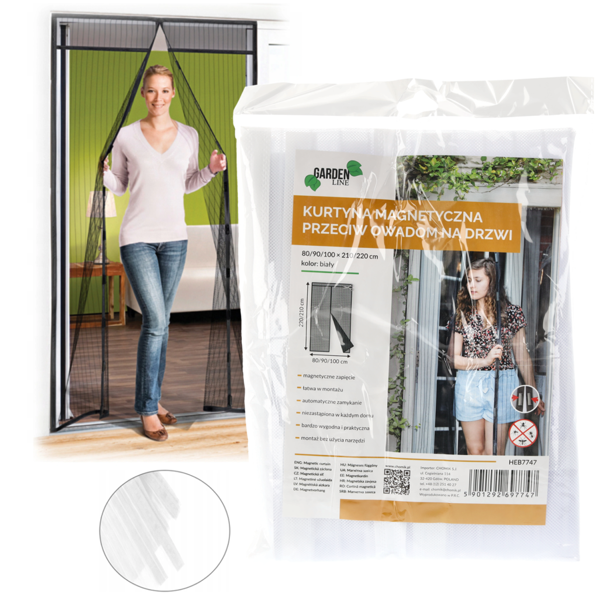 Plasă magnetică împotriva insectelor pentru uși 80/90/100 × 210/220 cm albă