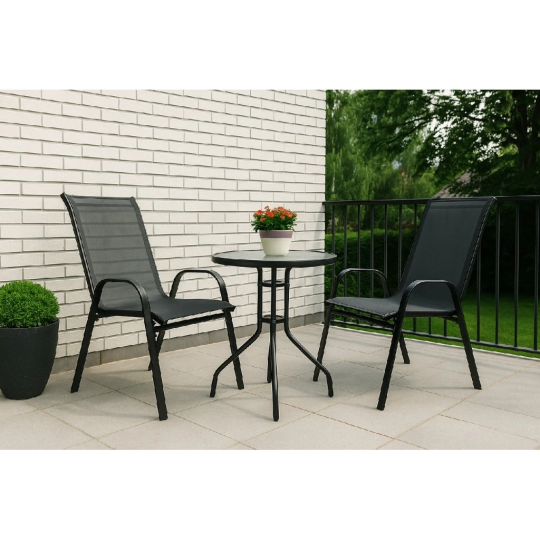 Set de mobilier de terasă cu o masă cu diametrul de 60 cm și 2 scaune.