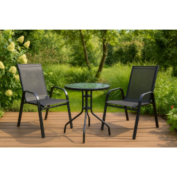 Set de mobilier de terasă cu o masă cu diametrul de 60 cm și 2 scaune.
