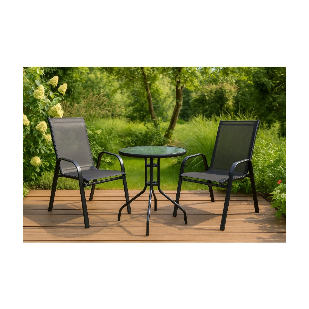 Set de mobilier de terasă cu o masă cu diametrul de 60 cm și 2 scaune.