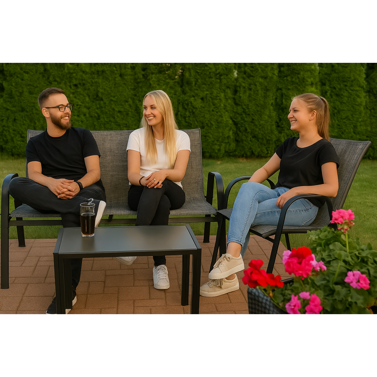 Mobilier de grădină cu canapea, două scaune și o masă de cafea