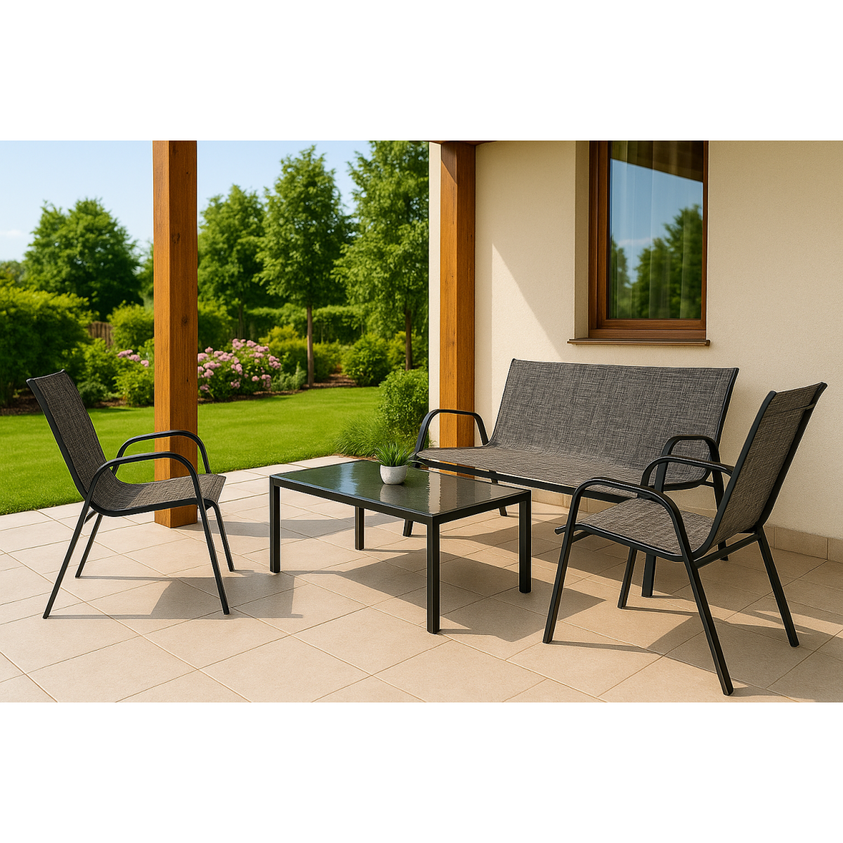 Mobilier de grădină cu canapea, două scaune și o masă de cafea