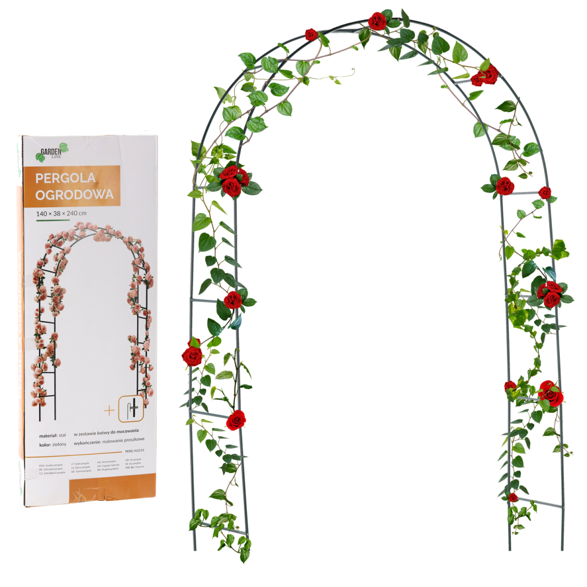 Pergolă de grădină 140 × 38 × 240 cm + ancore | Suport metalic pentru plante cățărătoare