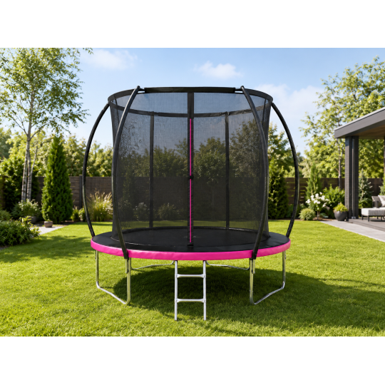 Zgardină de trampolină cu plasă de protecție și scară de culoare roz